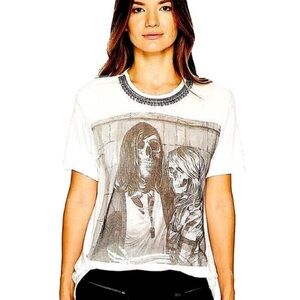 Kooples t-shirt with a skeleton couple graphic and embellished neckline med